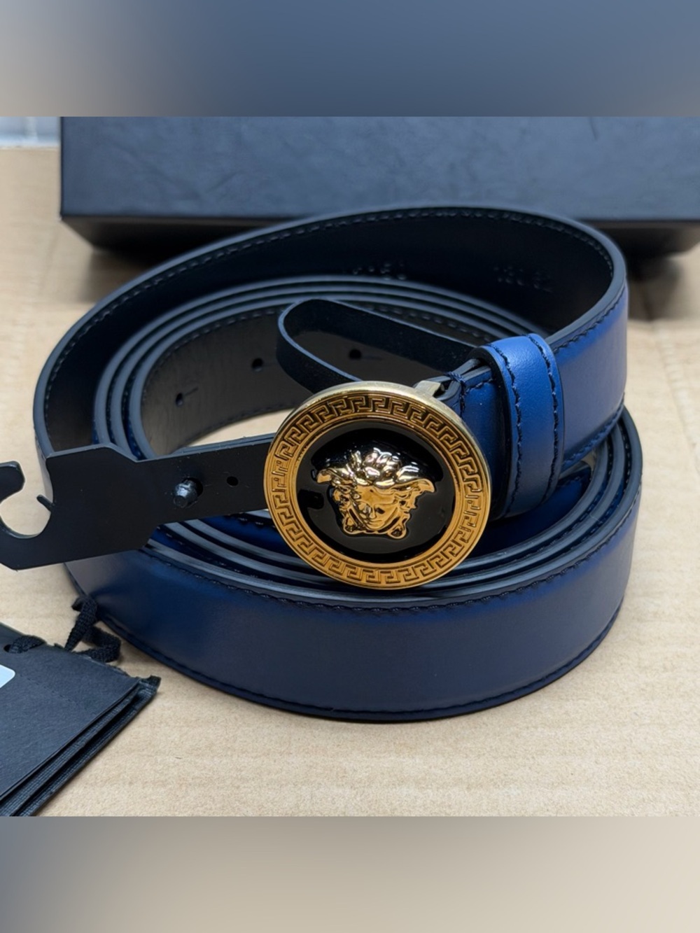 Versace Belt Navy Blue Gold Medusa Buckle Adjustable Men's Designer Size 130/52